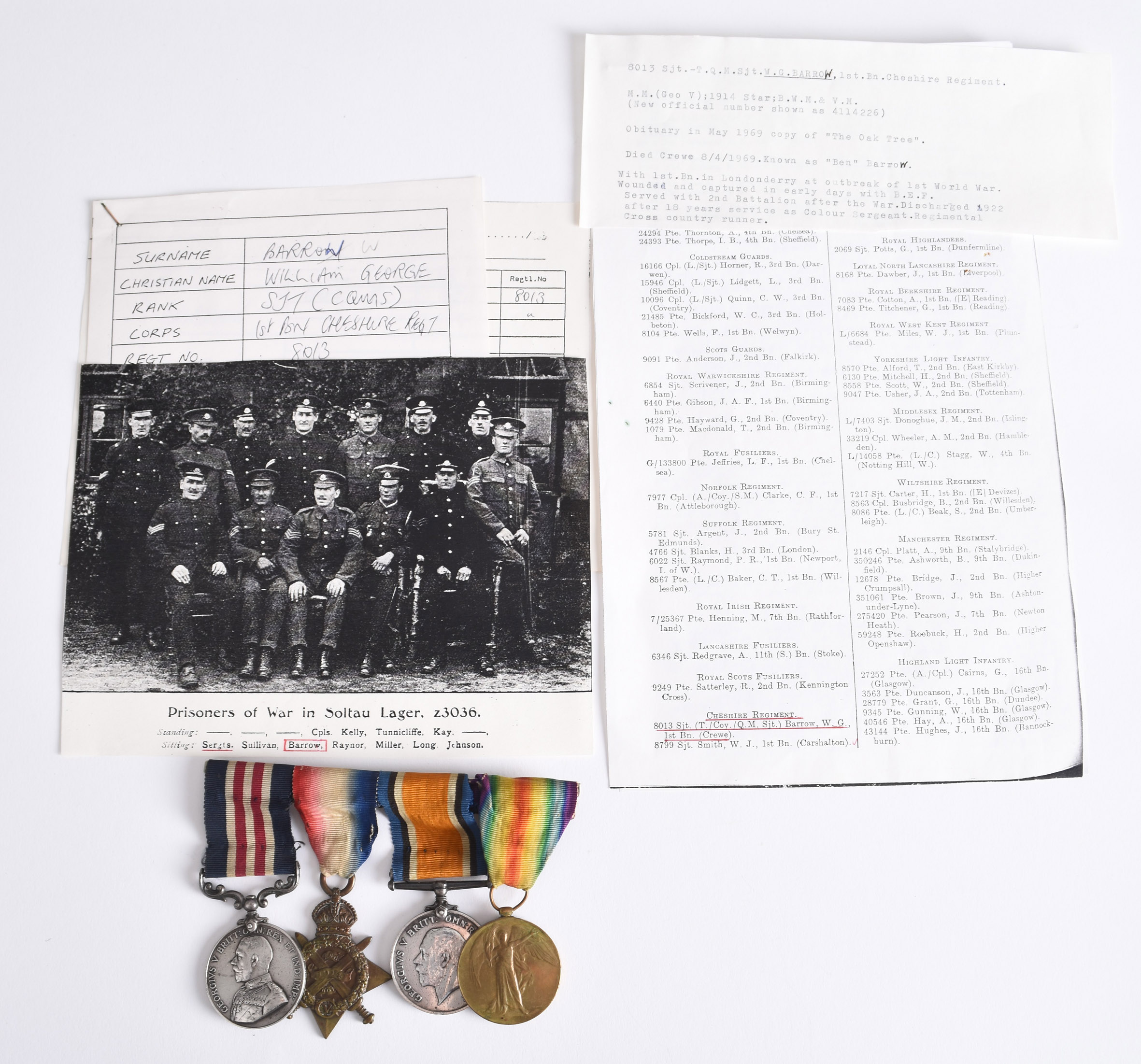 A Great War Military Medal group awarded to Temporary Company Quartermaster-Sergeant William George Barrow, of the Cheshire Regiment, which sold for £3,000. Halls Fine Art Shrewsbury